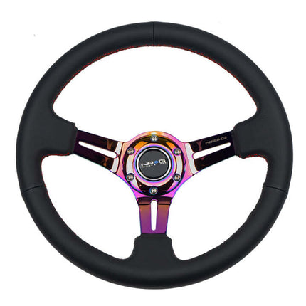 NRG Reinforced Steering Wheel (350mm / 3in. Deep) Blk Leather/Red Stitch w/Neochrome Slits