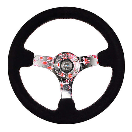 NRG Reinforced Steering Wheel (350mm) 3in Deep Pink Sakura Floral Solid Spoke - Black Suede/Stitch