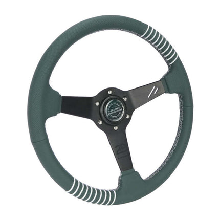 NRG Steering Wheel 1.5in Dish 350mm Black Perforated Leather - Emerald Stitching - Reinforced Spoke