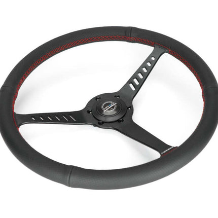 NRG Reinforced Stealth Wheel (380mm) 3 Spoke Center - 1in Deep Dish - Perforated Leather Red Stitch