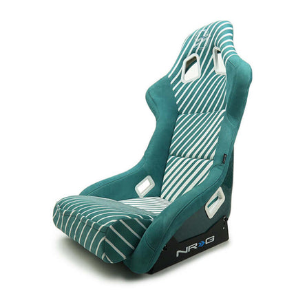 NRG FRP Bucket Seat - 20 Year Anniversary - Microfiber Green w/ White Stripes & Arrow Design - Large