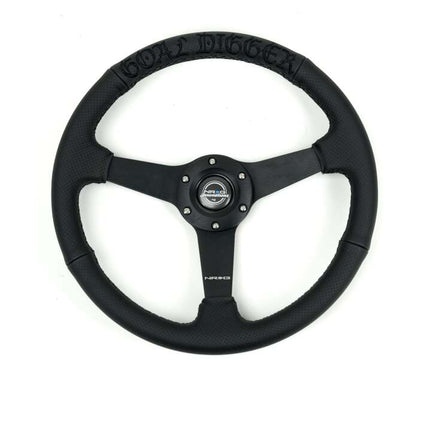 NRG Reinforced Black Perforated Leather Steering Wheel 350mm / 1.5in Deep w/ Goal Digger Blk Stitch