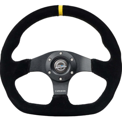 NRG Reinforced Steering Wheel (320mm) Sport Suede Flat Bottom w/ Yellow Center Mark