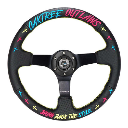 NRG Reinforced Steering Wheel - Oak Tree Outlaws 3in Deep/5mm Blk Spoke 350mm Wheel - Blk Perf Lthr