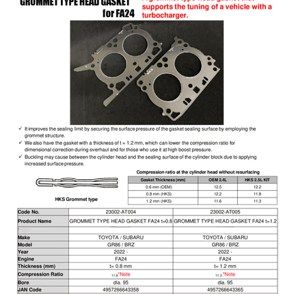 HKS Subaru FA24 0.8mm Thickness 11.8 CR Grommet Type Head Gasket