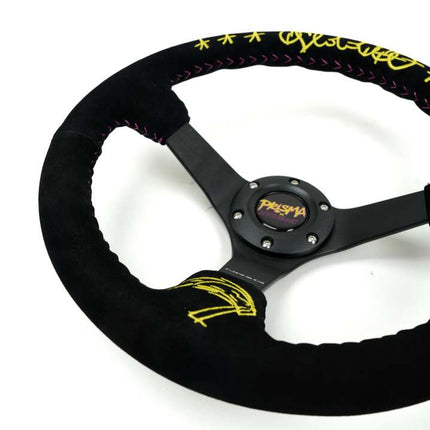 NRG Reinforced Black Perforated Leather Steering Wheel 350mm / 3in Deep w/ NVR Embroidery