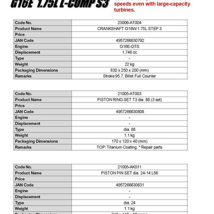 HKS BCD Piston Kit G16E 1.75L L-Comp S3 D88