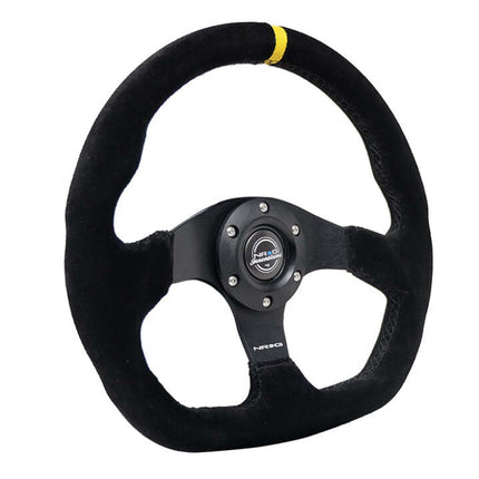 NRG Reinforced Steering Wheel (320mm) Sport Suede Flat Bottom w/ Yellow Center Mark